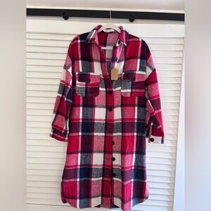 SHEIN Red and Black Plaid Utility Jacket
